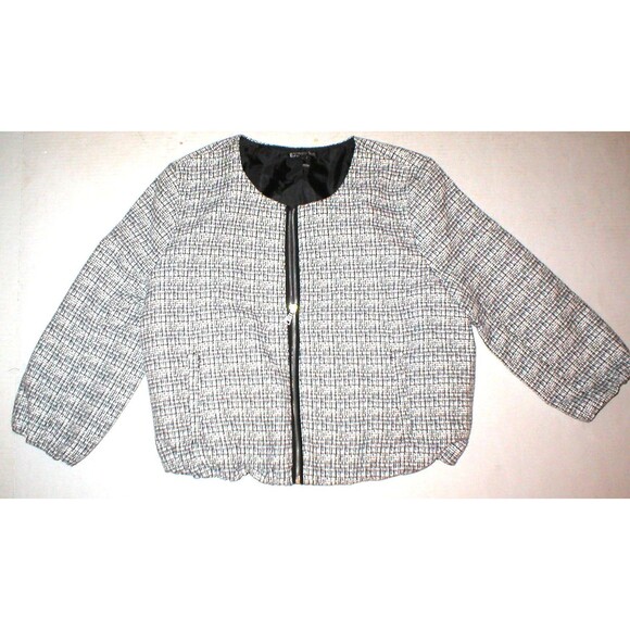 New Womens Large Black White Textured Jacket Express Work School Tweed Look Zip - Picture 1 of 5